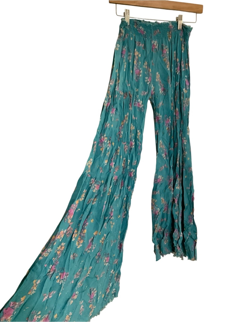 Free People Teal Floral Wide-Leg Smocked Waist Pants SZ SMALL